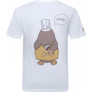 A white cotton t-shirt featuring a cartoon platypus wearing a chef's hat and apron with a speech bubble.