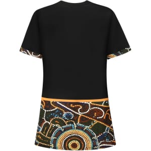 A black Hawaiian shirt featuring a vibrant, patterned design at the hem. The shirt has a logo.