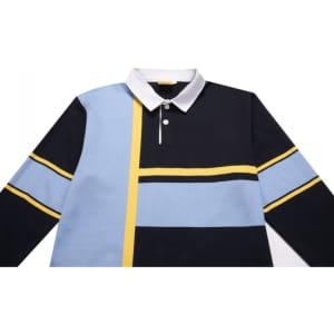 A sports jumper featuring black, blue, and yellow stripes, with a white collar and a logo.