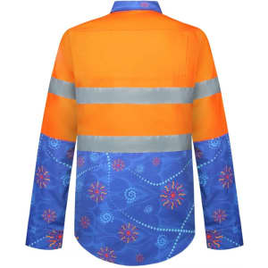 A high-visibility cotton workshirt in orange with blue patterned sleeves and reflective stripes. It features a logo.
