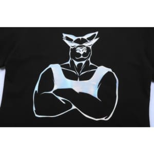 A black T-shirt featuring a bold, stylised graphic of a muscular figure with crossed arms.