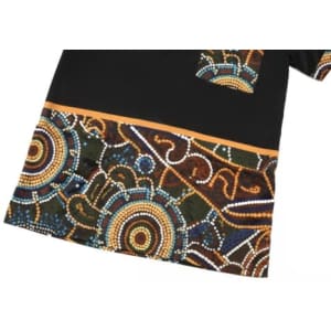 A black Hawaiian shirt featuring colourful Aboriginal-inspired patterns in blues, oranges, and greens. Includes a pocket.
