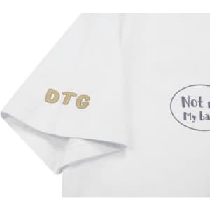 A white cotton t-shirt featuring a logo on the sleeve and a graphic print on the front.