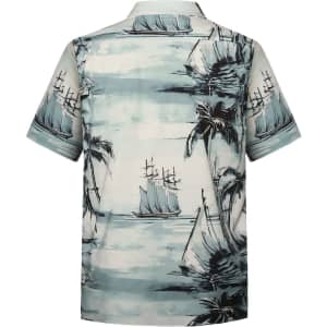 A short-sleeved shirt featuring a blue and cream pattern with ships and palm trees on a light background.