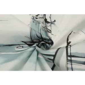 A printed fabric featuring a pastel blue and white design with abstract lines and shapes, showcasing soft, smooth texture.