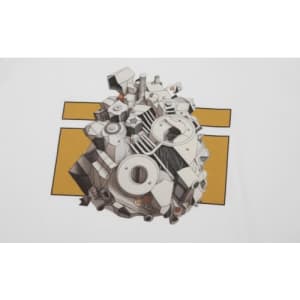 A graphic design featuring a detailed illustration of machinery in black and white against a yellow background on a white T-shirt.