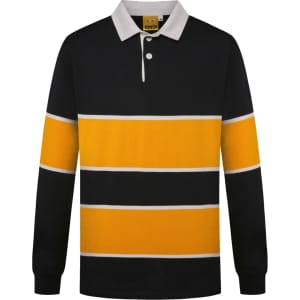 A black and yellow long-sleeve sports jumper with horizontal stripes and a white collar. Features a logo.