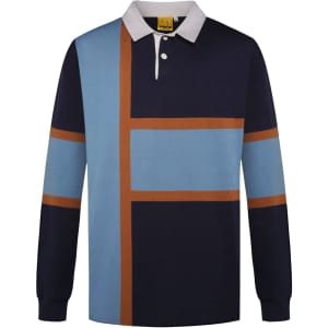 A long-sleeved polo shirt featuring a blue, navy, and brown geometric design, with a white collar and branding.