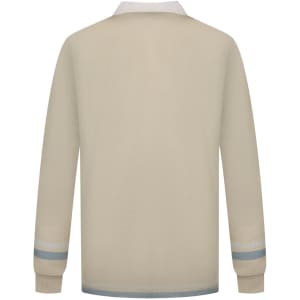 A beige sports jumper with long sleeves and a white collar, featuring a logo on the chest.