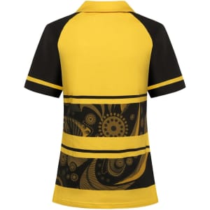 A vibrant yellow and black Hawaiian shirt with a decorative patterned design and a collar. Features a logo on the back.
