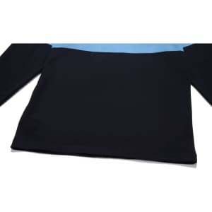 A sports jumper in black with a light blue horizontal stripe across the chest. It features a logo on the fabric.