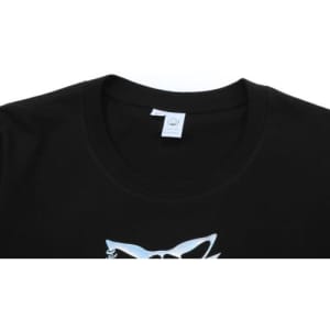 A black cotton t-shirt featuring a round neckline and a logo on the front.