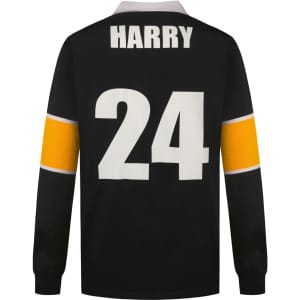 A black sports jumper with yellow and white striped sleeves, featuring the number 24 and a name at the back.
