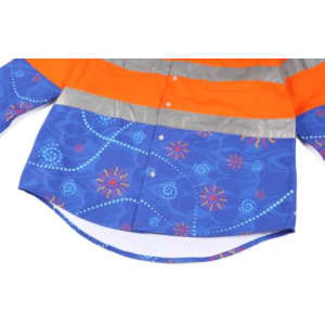 A Hi Vis workshirt featuring orange and blue fabric with decorative patterns and reflective stripes. It has a logo.
