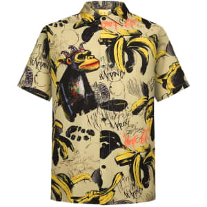 A short-sleeved shirt featuring a vibrant monkey and banana print in yellow and black, with a logo present.