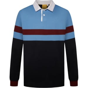 A sports jumper in blue, maroon, and black, featuring a collared neckline and long sleeves. It has a logo.
