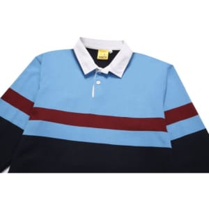 A sports jumper featuring blue, maroon, and navy stripes, with a white collar and a logo on the chest.