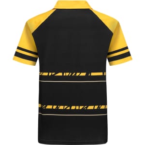 A black and yellow Hawaiian shirt featuring stripes and a logo on the back.