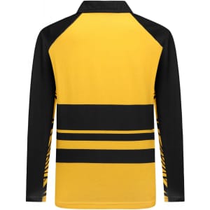 A yellow and black Hawaiian shirt featuring a striped design with a collar and long sleeves. It has a logo on it.