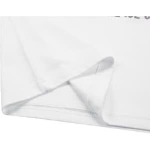 A white cotton t-shirt featuring a folded hem and sleeve, with a logo on the fabric.