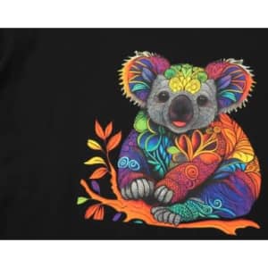 A colourful koala with intricate floral patterns, sitting on a branch against a black background.