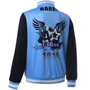 A blue and navy sports jumper with a design featuring stars and wings, including a back logo and name.