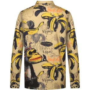 A sports jumper with a vibrant banana and monkey print design, featuring long sleeves and a collar.