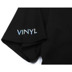 A black cotton t-shirt featuring a sleeve logo in light blue text.
