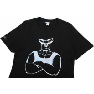 A black cotton t-shirt featuring a large, stylised graphic of a muscular figure on the front, with a logo on one sleeve.