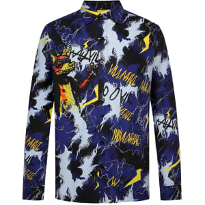 A colourful long-sleeve shirt featuring a bold graphic design with lightning and a character, primarily in blue and yellow.