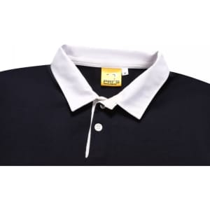A sports jumper in navy blue with a white collar, featuring a logo on the label.