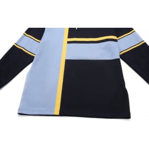 A sports jumper with a colour block design featuring blue, black, and yellow stripes, including a logo.