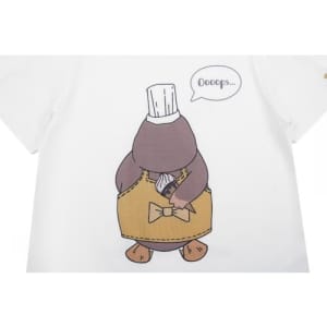 A white cotton t-shirt featuring a cartoon platypus wearing a chef's hat and apron with a speech bubble.