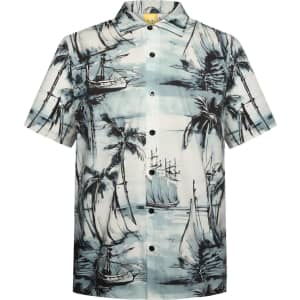A short-sleeved shirt featuring a nautical design with ships and palm trees in shades of blue and white.