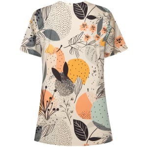 A short-sleeved cotton Hawaiian shirt featuring a colourful abstract pattern with leaves, flowers, and playful shapes.
