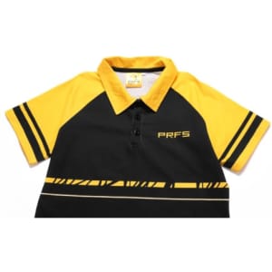 A black and yellow polo shirt featuring short sleeves, a collar, and a logo on the front.