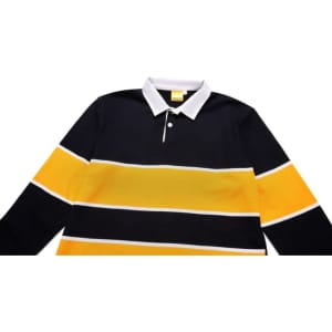A black and yellow striped long-sleeve sports jumper with a white collar and a logo on the chest.