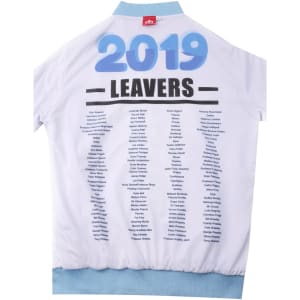 A white sports jumper with a light blue collar, featuring a list of names and a logo.