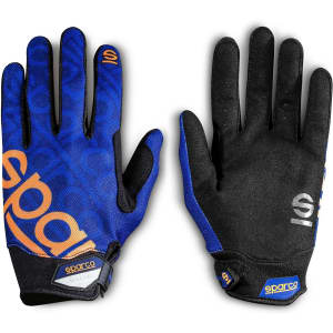 A pair of blue and black gloves with a logo, featuring a textured grip and full finger coverage.