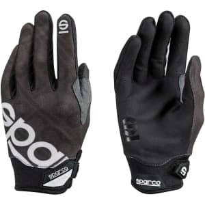 Two black gloves featuring a grey and white logo, with a textured grip and adjustable wrist straps.