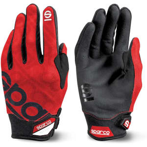 Meca-3 gloves in red and black, featuring a logo and a sleek design with a textured grip.