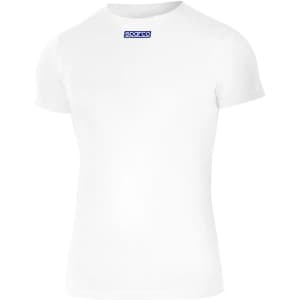 A white short-sleeved T-shirt featuring a logo on the front. The shirt has a fitted design.