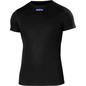 A black short-sleeved t-shirt featuring a logo on the front panel. Perfect for casual wear or sporting activities.