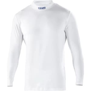 A long-sleeved white T-shirt with a round neck and a logo on the neckline.