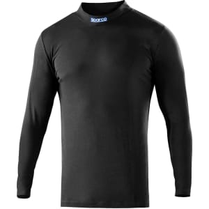 A black long sleeved t-shirt featuring a logo at the neck. The fabric appears smooth and fitted.