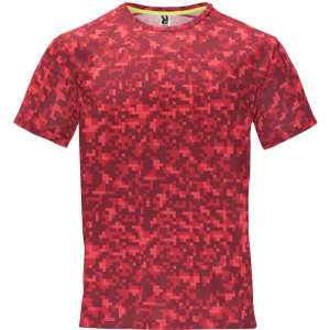 A red t-shirt featuring a digital camouflage pattern and a branded logo on the collar.