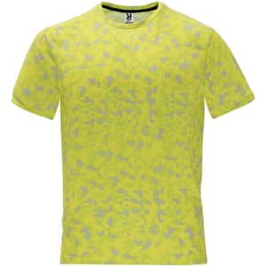 A bright yellow t-shirt with a camouflage pattern and a branded label on the neckline.