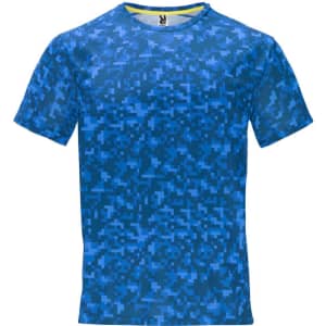 A blue T-shirt featuring a digital camouflage pattern and a logo on the collar.