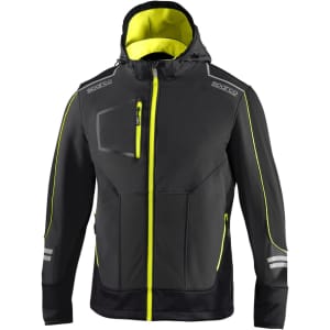 A black soft-shell jacket with fluorescent yellow accents and a hood, featuring a front zip and pockets. It has a logo.