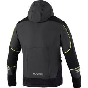A soft-shell jacket in black with reflective highlights and a hood, featuring a logo on the back.